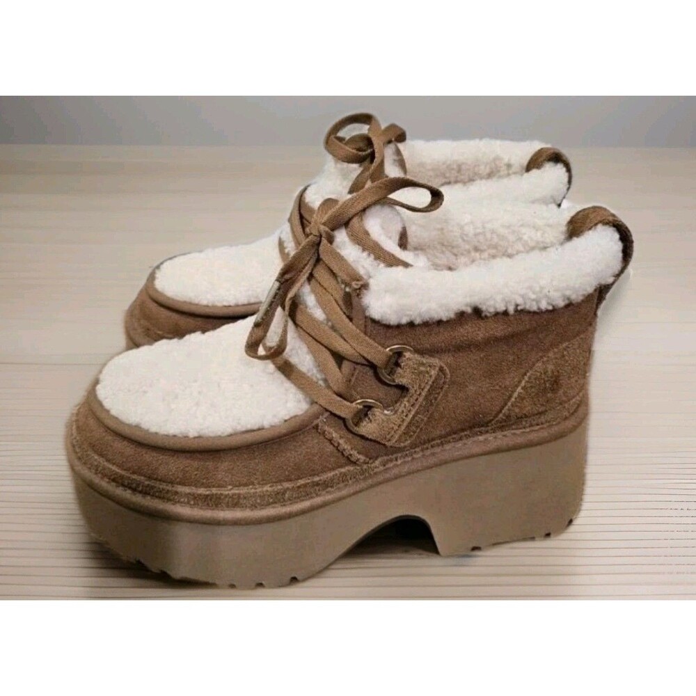 New UGG CLASSIC NEW HEIGHTS SHEARLING  LACE UP CHESTNUT SUEDE WOMEN'S BOOTS US 8